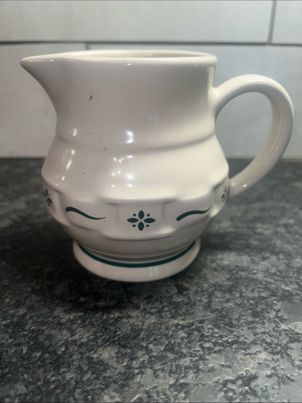 Longaberger White Ceramic Creamer Pitcher with Green Floral Band. Exc condition